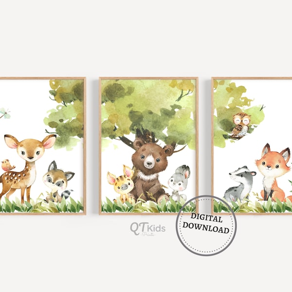 Woodland Animal Prints, Woodland Nursery Decor, Gender Neutral Set of 3 Woodland Animal Posters, Baby Animal Wall Art, DIGITAL DOWNLOAD