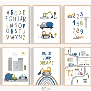 Construction Truck Alphabet Numbers Prints Set of 6, Boy Room Printable Wall Art, Transport Toddler Room Decor, ABC Poster, DIGITAL DOWNLOAD