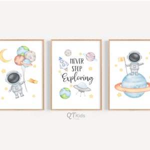 Space Nursery Prints, Space Themed Kids Room Decor, Planets Astronauts Prints, Never Stop Exploring Printable Wall Art, DIGITAL DOWNLOAD