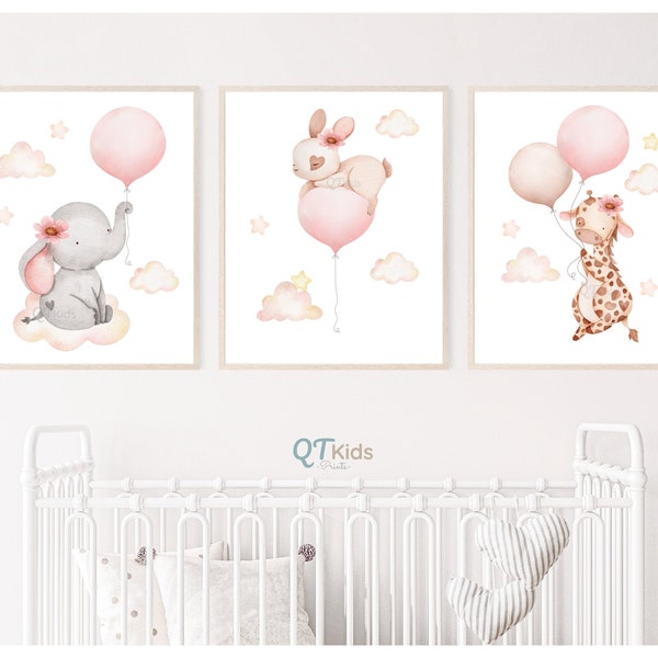 Girl Room Nursery Prints, Baby Animals with Balloons, Pink Girl Room Decor, Elephant Bunny Giraffe, Girl Playroom Posters, DIGITAL DOWNLOAD