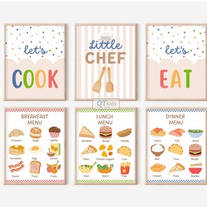 Art mural pour salle de jeux pour enfants, décoration de salle de jeux pour cuisine, petit chef, art mural imprimable pour faire semblant de jouer à la cuisine, menus petit déjeuner déjeuner TÉLÉCHARGEMENT NUMÉRIQUE