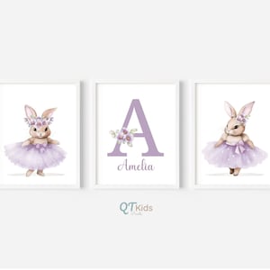 Personalized Ballerina Bunny Nursery Prints, Custom Baby Name Prints, Girl Room Printable Wall Art, Purple Nursery Decor, DIGITAL DOWNLOAD