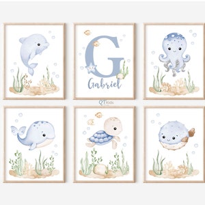 Benutzerdefinierte Baby Name Seetier Kinderzimmer Drucke, personalisierte Ozean Tier Poster, Junge Kinderzimmer Ozean Nautik Dekor, unter Meer DIGITAL DOWNLOAD