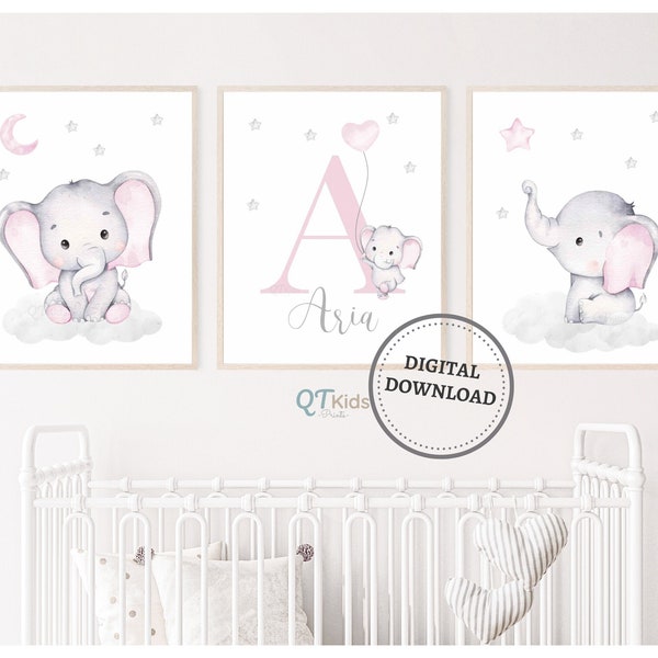 Impresiones personalizadas de la guardería del elefante del nombre, impresiones personalizadas del nombre del bebé, arte de la pared imprimible de la habitación de la niña, decoración de la guardería rosa, DESCARGA DIGITAL
