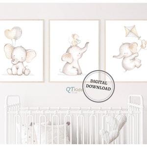Láminas de elefantes para guardería, decoración de guardería neutra en cuanto al género, láminas de animales de safari, elefante con globo, guardería en gris y beige, DESCARGA DIGITAL