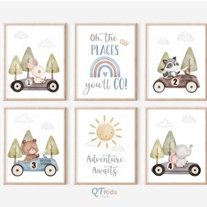 Láminas para habitación de niños, coches de carreras antiguos, animales del bosque, láminas de elefantes, arte mural para sala de juegos, decoración de habitación de bebé con arcoíris y sol, DESCARGA DIGITAL