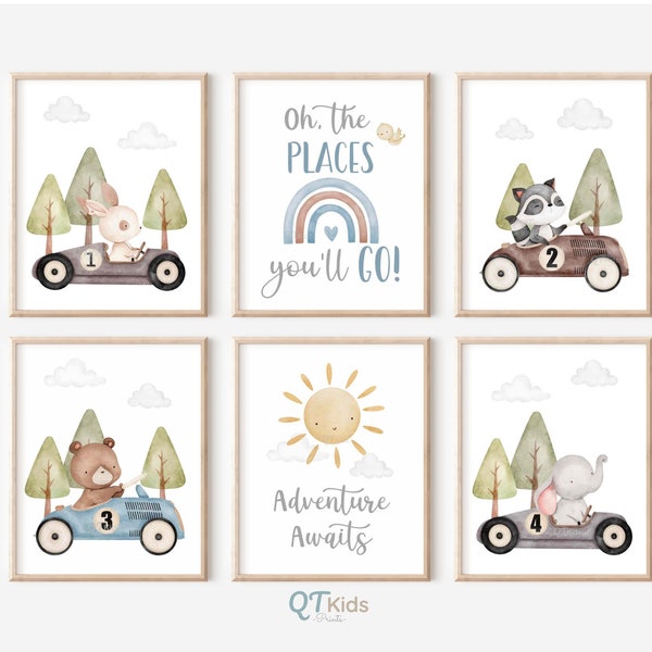 Boy Nursery Prints, Vintage Racing Cars, Woodland Animals, Elephant Prints, Playroom Wall Art, Sun Rainbow Baby Room Decor, DIGITAL DOWNLOAD