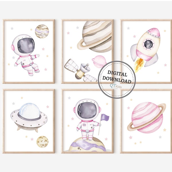 Space Nursery Prints, Girl Room Printable Wall Art, Pink Space Playroom Decor, Watercolour Planets Rocket Astronaut Posters DIGITAL DOWNLOAD