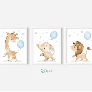 Boy Nursery Prints, Safari Animals, Giraffe Elephant Lion Balloon Nursery Wall Art, Blue Balloons, Baby Room Wall Decor, DIGITAL DOWNLOAD