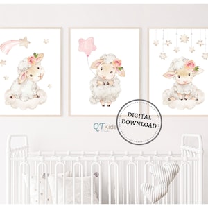 Grabados Infantiles De Niñas, Arte De Pared Imprimible De Guardería De Ovejas, Decoración De Guardería Rosa Bebé, Acuarela Animal Prints, Habitación De Niña, DESCARGAS DIGITALES