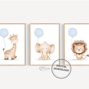 Safari Animals Blue Balloon Prints, Boy Nursery Printable Wall Art, Blue Baby Room Decor, Giraffe Elephant Lion Posters, DIGITAL DOWNLOAD