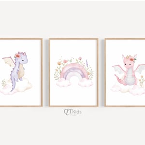 Dragon Nursery Prints, Baby Girl Nursery Prints, Girl Room Printable Wall Art, Set of 3 Watercolour Girl Dragons Prints,DIGITAL DOWNLOAD