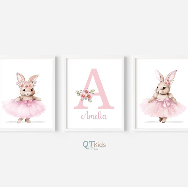 Personalized Ballerina Bunny Nursery Prints, Custom Baby Name Prints, Girl Room Printable Wall Art, Pink Nursery Decor, DIGITAL DOWNLOAD