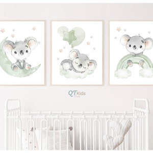 Stampe per cameretta con koala, palloncini con luna, arcobaleno e nuvole acquerellati, decorazioni per cameretta verde salvia, decorazioni murali neutre per cameretta, DOWNLOAD DIGITALE