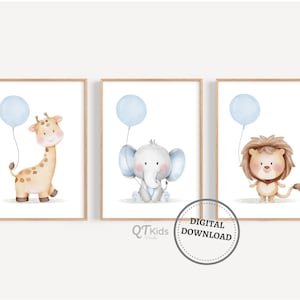 Safari Tiere blauer Ballon Drucke, druckbare Wandkunst Junge Kinderzimmer, blau Baby Zimmer Dekor, Giraffe Elefant Löwe Poster, DIGITAL DOWNLOAD