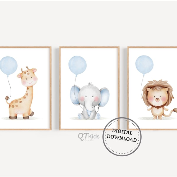 Safari Animals Blue Balloon Prints, Boy Nursery Printable Wall Art, Blue Baby Room Decor, Giraffe Elephant Lion Posters, DIGITAL DOWNLOAD