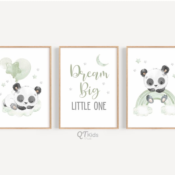 Panda Nursery Prints, Gender Neutral Nursery Printable Wall Art, Dream Big Little One Print, Sage Green Baby Room Decor, DIGITAL DOWNLOAD