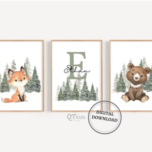 Custom Name Woodland Nursery Prints, Personalized Baby Name Prints, Woodland Animal Printable Wall Art, Boy Nursery Decor, DIGITAL DOWNLOAD