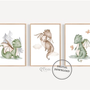 Dragon Nursery Prints, Boy Room Printable Wall Art, Playroom Wall Decor, Green Dragon Kids Room Prints, Fairytale Nursery, DIGITAL DOWNLOAD