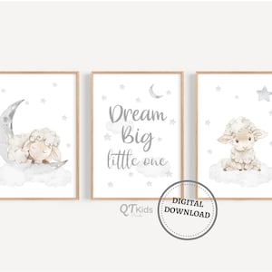 Sheep Nursery Prints, Dream Big Little One, Gender Neutral Baby Nursery Wall Art, Moon Stars, Watercolour Animal Prints, DIGITAL DOWNLOADS