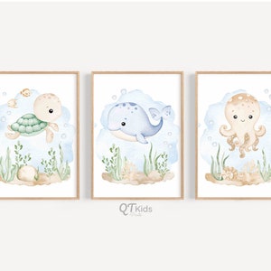 Láminas infantiles con temática marina, pósteres de animales marinos, láminas infantiles neutras, arte mural de animales marinos, láminas para sala de juegos, descarga digital