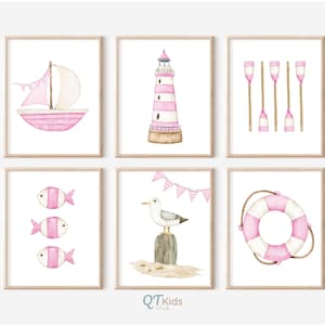Nautical Nursery Prints, Nautical Wall Art, Watercolour Costal Prints, Girl Nursery Pink Nautical Decor, Sailboat Printable DIGITAL DOWNLOAD