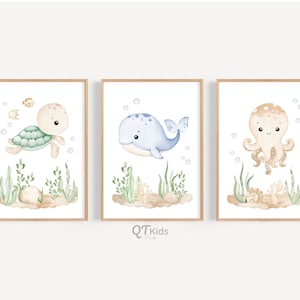 Impresiones de viveros bajo el mar, carteles de animales náuticos del océano, impresiones de viveros neutros, arte de pared de animales marinos, impresiones de salas de juegos, DESCARGA DIGITAL