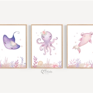 Meerestiere Kinderzimmer Drucke, Mädchenzimmer Ozean Druckbare Wandkunst, Unter dem Meer Spielzimmer, Pinke Meerestiere mit Floralen Kronen, DIGITALER DOWNLOAD