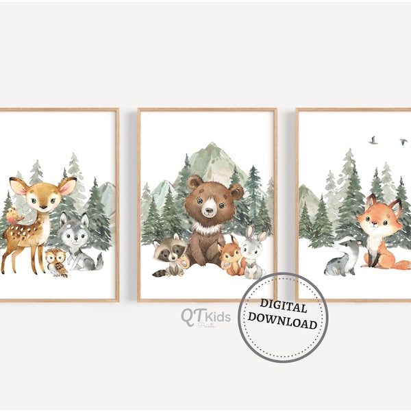 Woodland Nursery Prints, Woodland Nursery Decor, Gender Neutral Set of 3 Woodland Animal Posters, Baby Animal Wall Art, DIGITAL DOWNLOAD