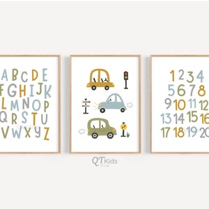 Láminas para guardería de vehículos de transporte, números del alfabeto, arte de pared para habitación de niños pequeños, coches azules y verdes, carteles para aprender el abecedario, DESCARGA DIGITAL