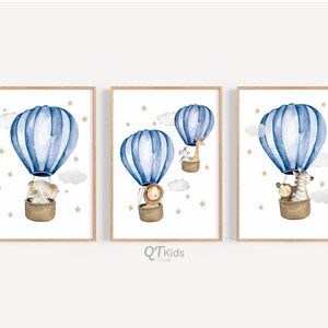 Safari Animal Prints, Blue Hot Air Balloons Imprimible Wall Art, Boy Nursery Prints, Animal in Balloons, Playroom Decor, DIGITAL DOWNLOAD