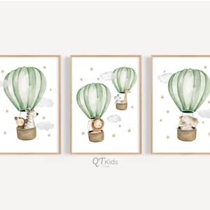 Láminas de animales de safari, globos aerostáticos verdes para pared, láminas para habitación de niño, animales en globos, decoración de sala de juegos, descarga digital