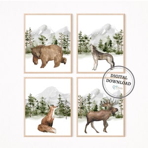Woodland Animal Prints, Boy Nursery Printable Wall Art, Forest Nursery Decor, Set of 4 Aquarelle Bear Deer Fox Prints, DIGITAL DOWNLOAD