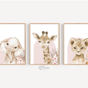 Láminas para guardería de niñas, arte mural con animales de safari, sala de juegos para dormitorio de niñas, decoración floral en rosa ruborizado, láminas de elefantes, leones y jirafas, DESCARGA DIGITAL
