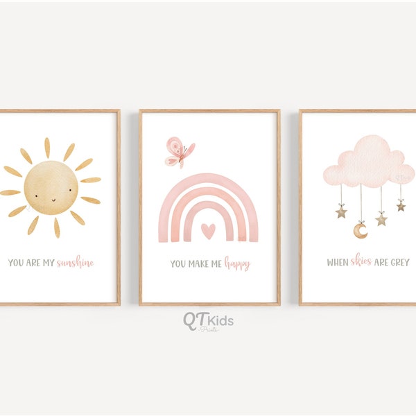 Girl Nursery Print Set, Sun Cloud Rainbow, You Are My Sunshine, Pink Girl Room Decor, Baby Girl Room Printable Wall Art, DIGITAL DOWNLOAD