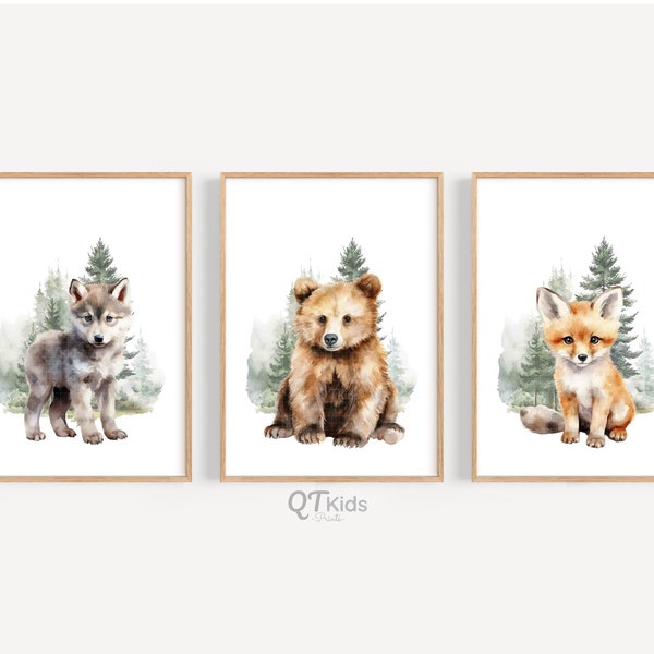 Impressions d’animaux des bois, art mural imprimable pour pépinière de garçons, décor de pépinière d’animaux forestiers, impressions aquarelle ours loup renard, TÉLÉCHARGEMENT NUMÉRIQUE