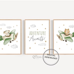 Boy Nursery Prints, Safari Animals in Airplane Printable Wall Art, Adventure Awaits, Boy Room Green Nursery Airplane Prints DIGITAL DOWNLOAD
