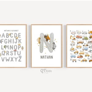 Stampe personalizzate per l'asilo nido di trasporto, arte da parete stampabile con nome personalizzato, arredamento per camion della stanza del ragazzo, poster per veicoli da trasporto, DOWNLOAD DIGITALE