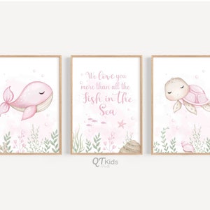 Impresiones de viveros de animales marinos, decoración rosa bajo el mar, impresiones de guarderías para niñas, decoración de viveros oceánicos, impresiones de habitaciones náuticas para niños, DESCARGA DIGITAL