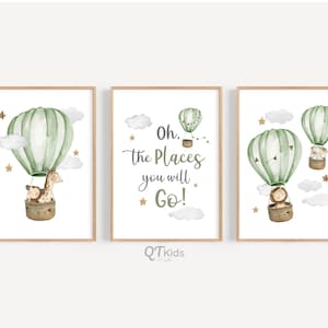 Láminas de safari para habitación infantil, láminas para habitación infantil, ¡Oh, los lugares a los que irás!, Animales en globos aerostáticos verdes, láminas para sala de juegos, DESCARGA DIGITAL