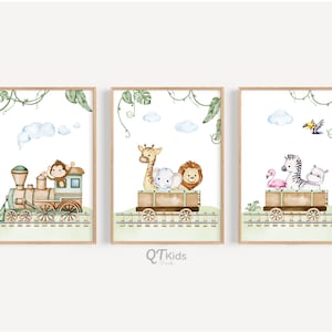 Impresiones de tren con animales de safari para guardería, arte de pared imprimible para habitación de bebé niño, impresiones de león, elefante, jirafa, decoración de sala de juegos de jungla, DESCARGA DIGITAL