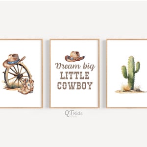 Stampe per camerette da cowboy, stampe da parete per la cameretta dei ragazzi, cowboy western, sogna in grande piccolo cowboy, decorazioni da parete per la sala giochi con cactus, DOWNLOAD DIGITALE