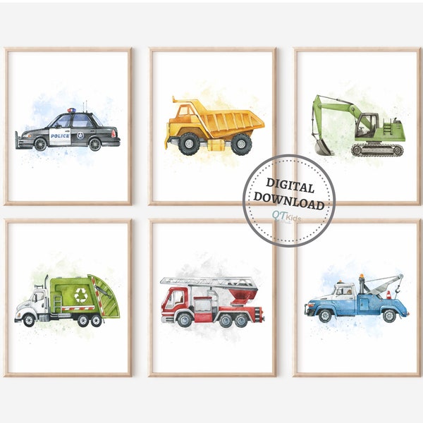 Transportation Nursery Prints, Set of 6 Cars Trucks Printable Wall Art, Boy Playroom Decor, Construction Emergency Vehicles DIGITAL DOWNLOAD