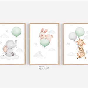 Grabados de Niños Infantiles, Animales con Globos, Decoración de la habitación Green Boy, Jirafa Acuarela Elephant Bunny, Carteles de Boy Playroom, DESCARGA DIGITAL