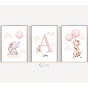 Personalized Girl Nursery Prints, Safari Animals Playroom Wall Art, Pink Nursery Elephant Giraffe, Baby Girl Name Print, DIGITAL DOWNLOAD