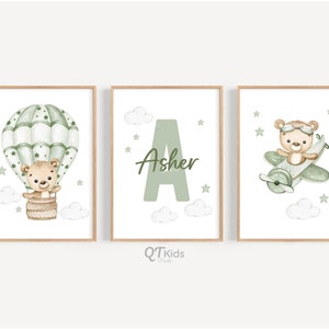 Personalized Bear Nursery Prints, Baby Boy Playroom Wall Art, Sage Green Nursery Decor, Airplane Balloons, Name Print, DIGITAL DOWNLOAD