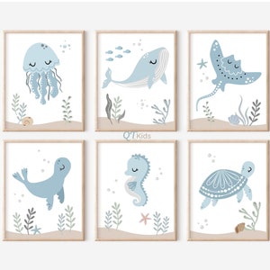 Unter dem Meer Kinderzimmer Poster, druckbare Ozeantiere Wandkunst, neutrale Kinder Spielzimmer Wanddekoration, Set von 6 Sea Life Poster, DIGITAL DOWNLOAD