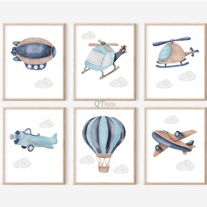 Air Transport Nursery Prints, Airplane Helicopter Boy Room Wall Art, Blue Brown Toddler Playroom Decor, Set of 6 Prints, DIGITAL DOWNLOAD