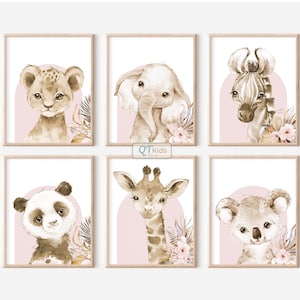 Estampados de animales de safari, estampados para habitación de niña, dormitorio de juegos con estampados florales en rosa ruborizado, estampados de elefantes, leones, jirafas, pandas y koalas, DESCARGA DIGITAL
