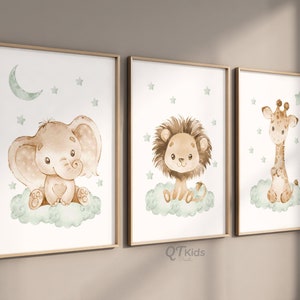 Impressions de chambre de bébé Safari, décoration de chambre de bébé vert sauge, art mural éléphant girafe lion, sexe neutre, impression de salle de jeux pour enfants, téléchargement numérique